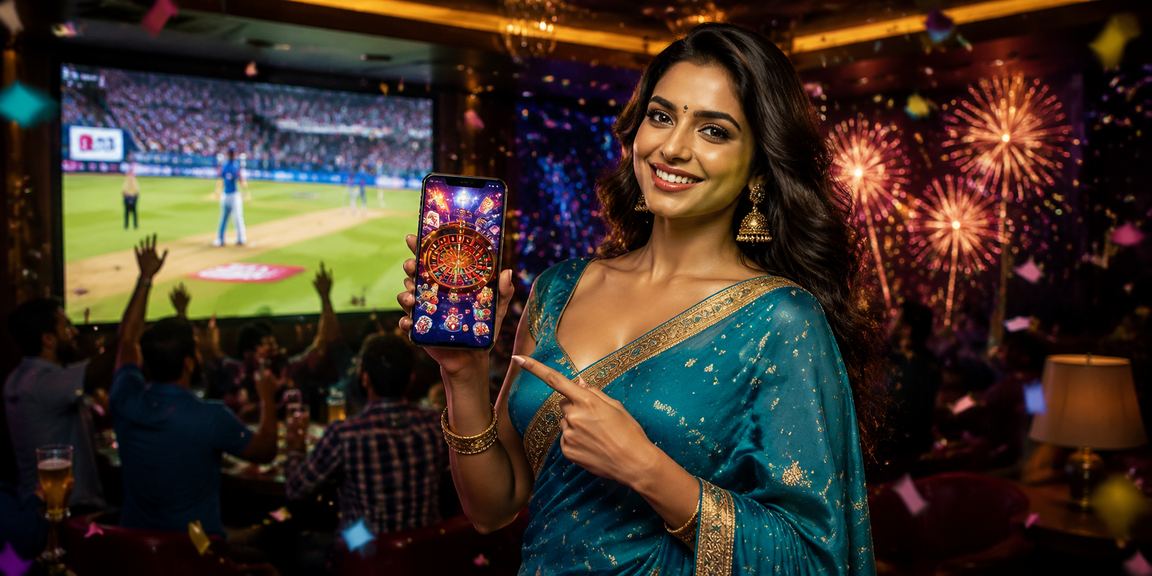 Indian woman wearing saree playing Rummy with cricket live score