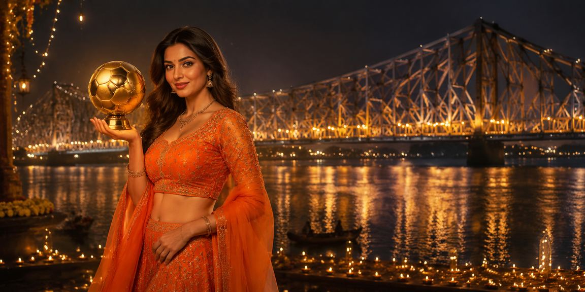 Football betting scene with illuminated Howrah Bridge in Kolkata
